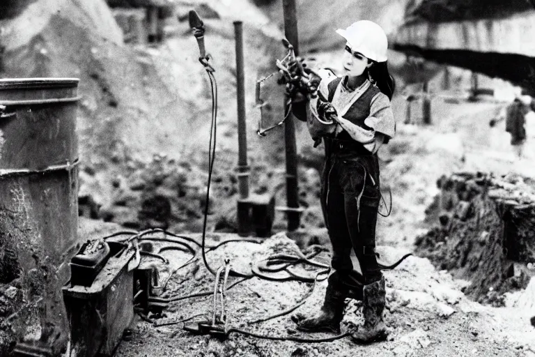 Prompt: anime catgirl working in a coal mine, 3 5 mm historical photography