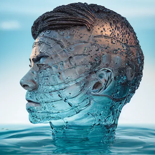 Image similar to a water sculpture in the shape of a human head, on the ocean water, water manipulation photoshop, behance, ray tracing, cinematic, in the style of johnson tsang, long shot, hyper detailed, hyper realistic, 8 k resolution, sharp focus, realistic water, award winning