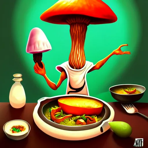 Image similar to alien mushroom chef cooking a meal, fantasy illustration, detailed digital painting, trending on artstation