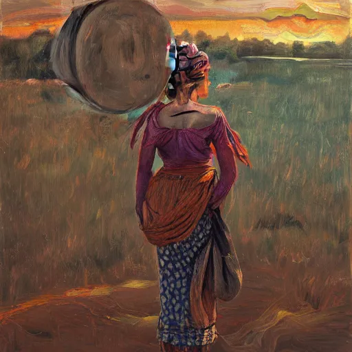 Image similar to beautiful detailed painting of a gypsy standing beside a broken tank at magic hour in the style of lucian freud, concept art, as seen on artstation, wide shot