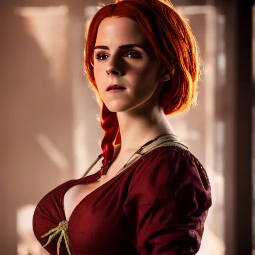 Image similar to Triss Merigold cosplay by Emma Watson, 8k, professional photography, cinematic studio shot, dark, smoke