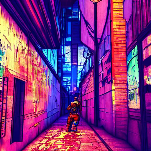 Image similar to cyberpunk alley, pop art, rtx, 8 k, ray tracing, highly detailed,