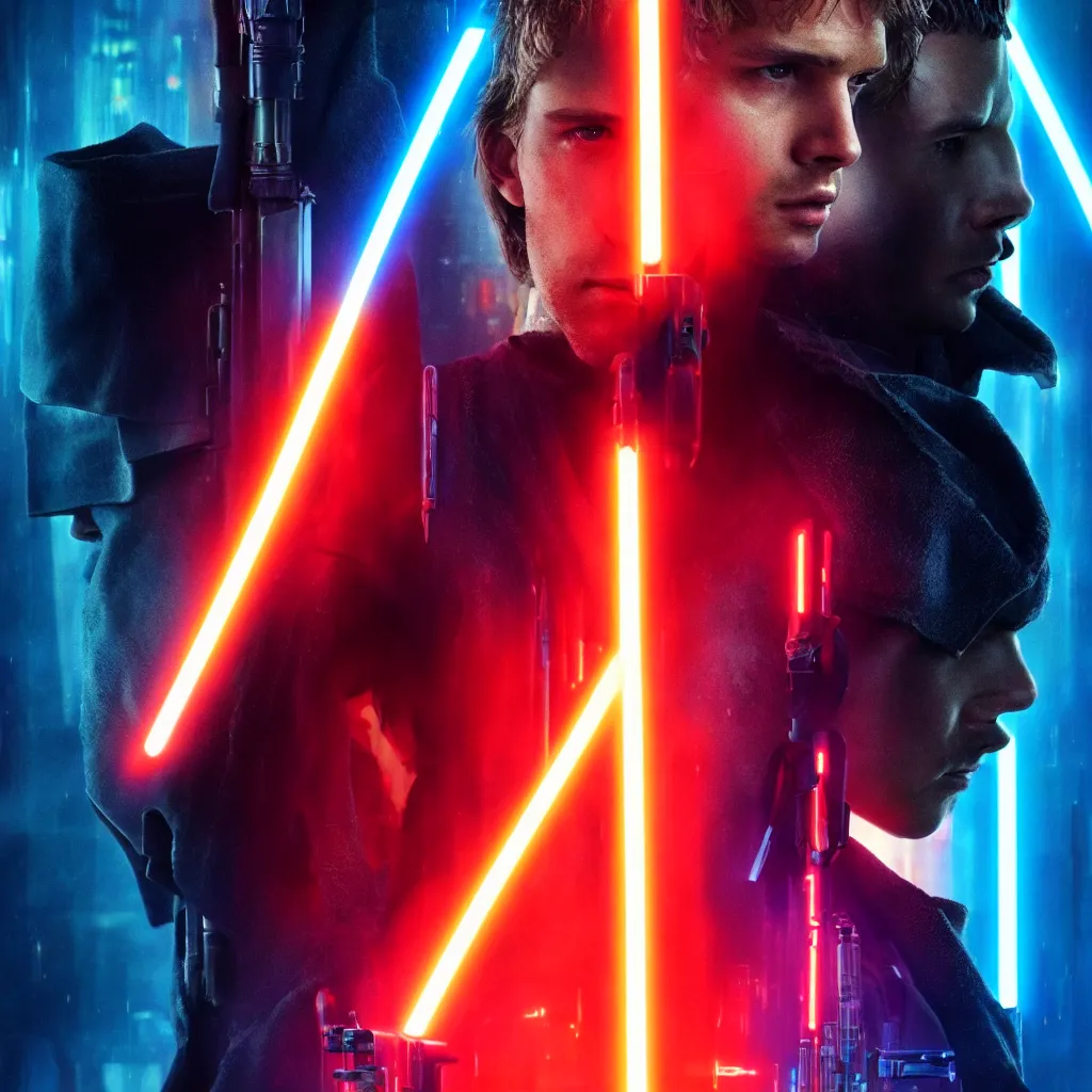 Image similar to Anakin Skywalker wearing cyberpunk gadgets in the style of Blade Runner 2049 (2017). Movie Poster. Cinematic. Professional Photo. 4k. UHD. 8k. Clear Face.