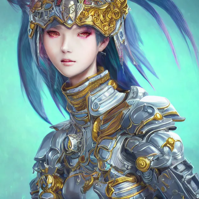 Image similar to studio portrait of lawful good colorful female holy mech paladin as absurdly beautiful, elegant, young sensual anime girl, ultrafine hyperrealistic detailed face illustration by kim jung gi, irakli nadar, intricate linework, sharp focus, bright colors, matte, octopath traveler, final fantasy, unreal engine highly rendered, global illumination, radiant light, intricate environment