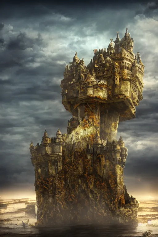 Prompt: floating castle in the clouds, hyperrealistic, 8 k, octane render, unreal engine, gilded, cloudy dark electric sky, post apocalyptic hellscape, highly - detailed