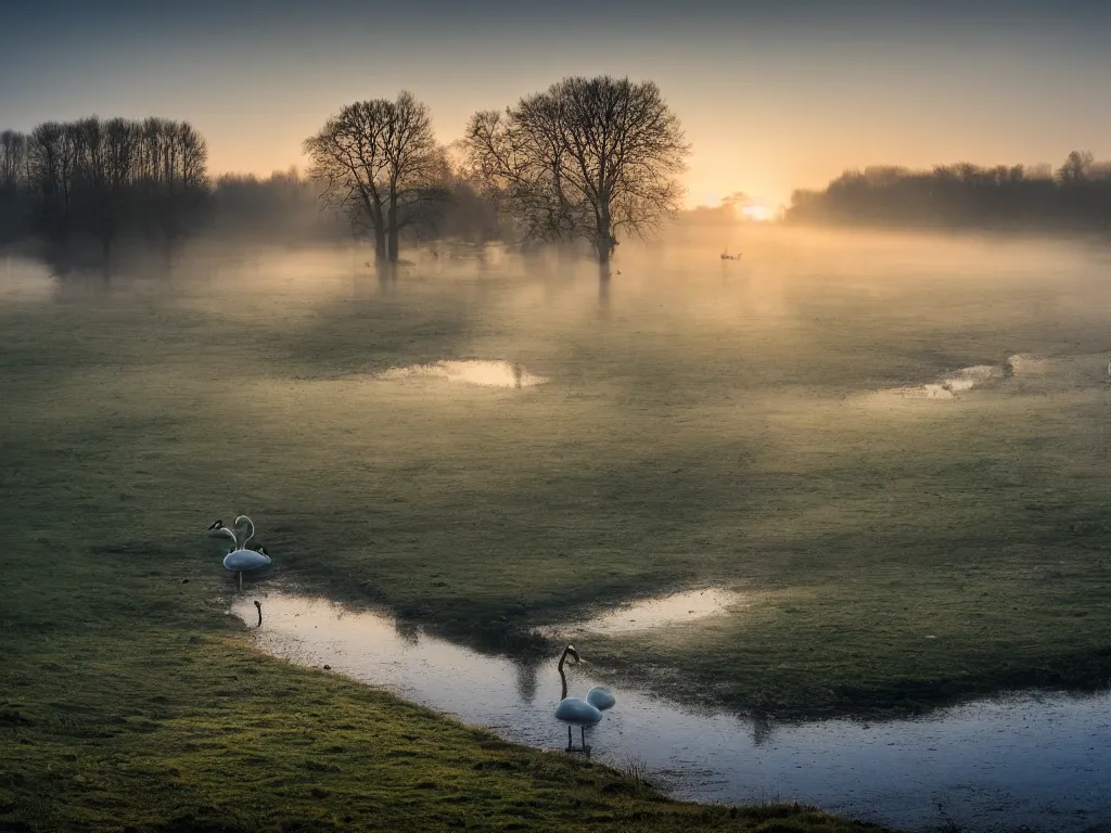 Image similar to A landscape photo taken by Kai Hornung of a river at dawn, misty, early morning sunlight, cold, chilly, two swans swim by, rural, English countryside