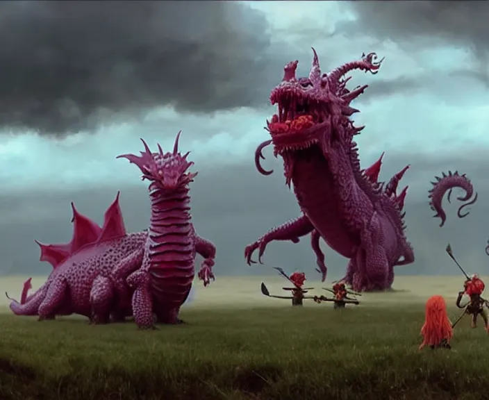 Prompt: still frame from jakub rozalski Cloudy with a Chance of Meatballs 2 (2013) of majestic dragon fruit sandworm dragon and his corn knights minions army in vast plains, Scyth game art by beksinski scenography by Giger by Jakub Różalski by Jakub rozalski