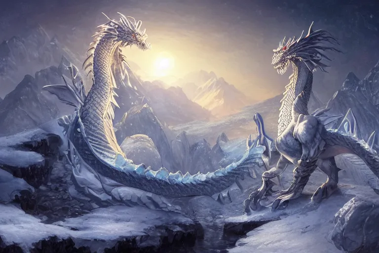 Image similar to Ice Dragon on a beautiful fantasy landscape, mountainside, winter, moonlit, HD, illustration, epic, D&D, fantasy, intricate, elegant, highly detailed, digital painting, artstation, concept art, smooth, sharp focus, illustration, wallpaper, art by artgerm and greg rutkowski and alphonse mucha and jin xiaodi