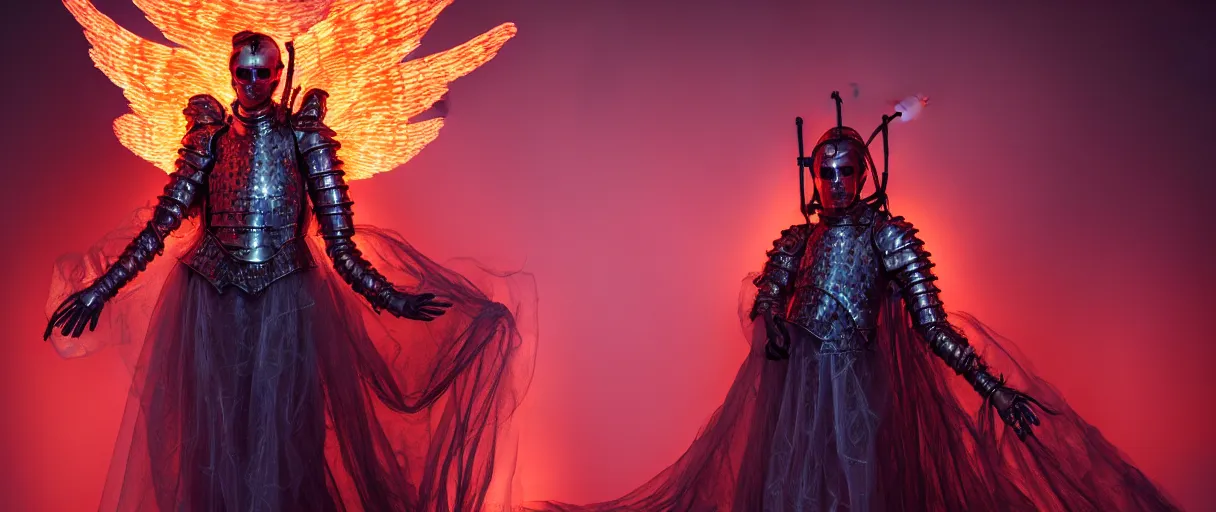 Image similar to hyperrealist highly detailed english medieval portrait of high fashion archangel wearing flame fire smoke flame armor, radiating atomic neon corals, veiny network growth with ghostly ghost translucent ghost armor, concept art pascal blanche dramatic studio lighting 8k wide angle shallow depth of field