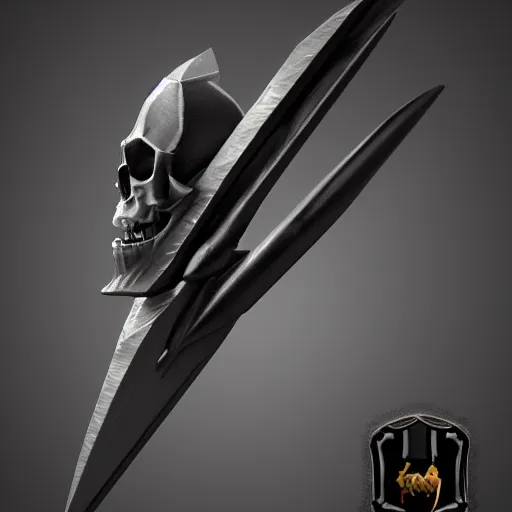 Image similar to a black long sword skull crest, sharp tip, ornament, weapon, a 3 d render by dom qwek, studio lighting, front side view full sheet, trending on polycount, artstation, hard surface modeling, rendered in maya, 3 ds max, blender, artstation hd, vray