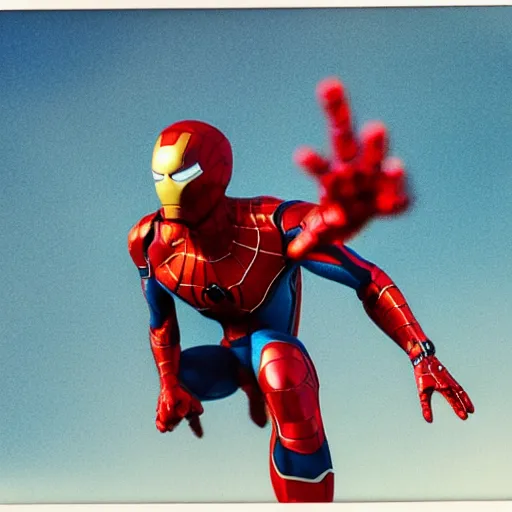 Image similar to a single iron man and spider - man hybrid, dslr, polaroid