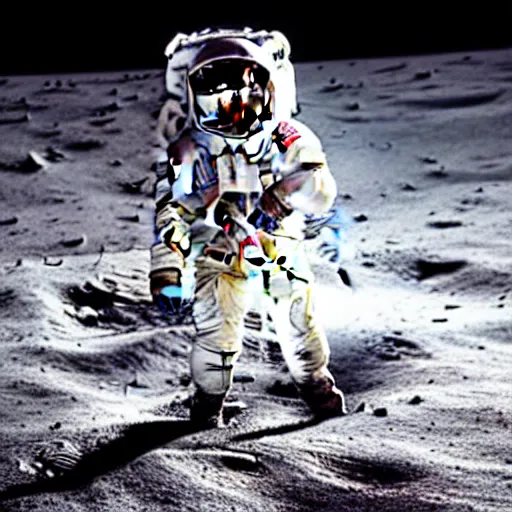 Image similar to photo of an astronaut wearing a mercury suit holding an electric guitar on the moon. detailed