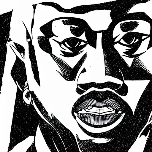 Image similar to manga panel of kanye west in the style of kentaro miura, 8 k, 4 k, masterpiece, trending on artstation