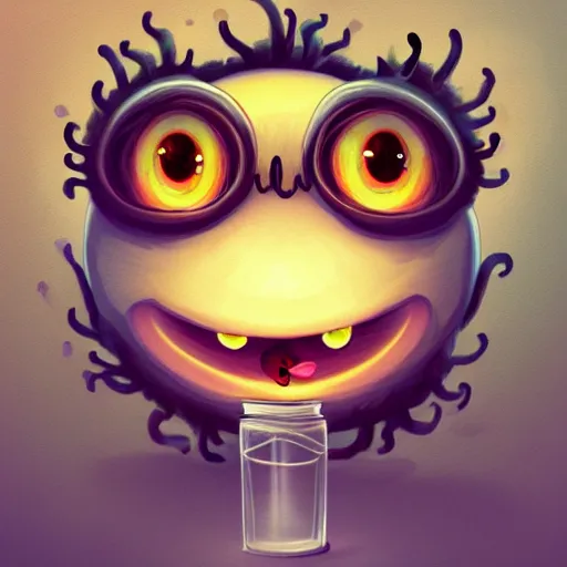 Image similar to cute small pastele fluffy spider with huge eyes inside the bottle, digital illustration, cartoon creature, smiling, vivid color, soft light, nice, cute, beautiful, masterpiece, tranding on artstation, very detailed