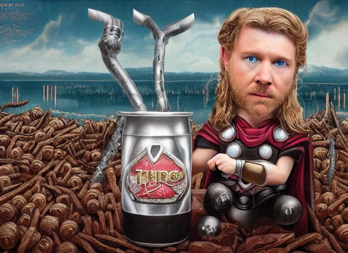 Image similar to thor inside a beer, lowbrow, matte painting, 3 - d highly detailed, in the style of mark ryden,