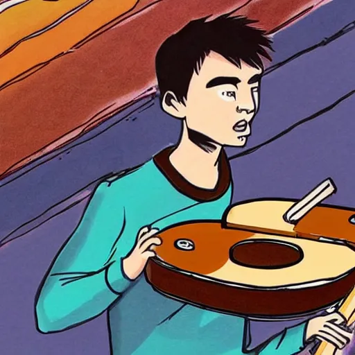 Image similar to cartoon of jacob collier playing saturn rings af if they were marimbas