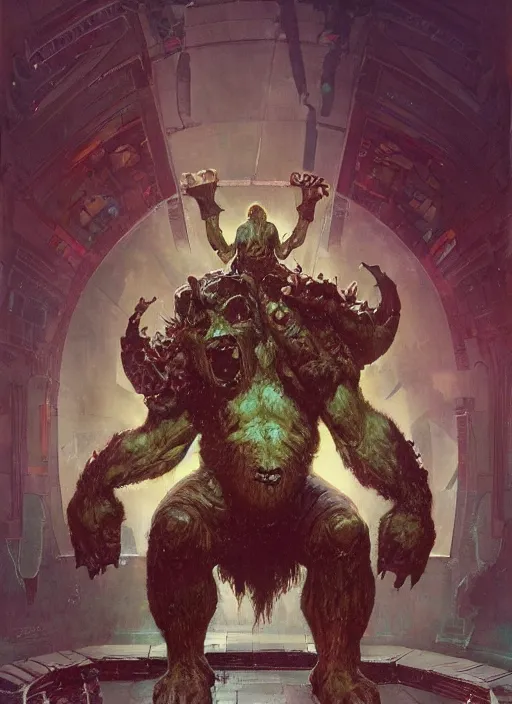 Image similar to hulking brute demon sitting on throne in science fiction hall, by sergey kolesov and lawrence alma tadema and norman rockwell and greg staples and craig mullins and john berkey and rick berry and jeremy mann, artstation creature art