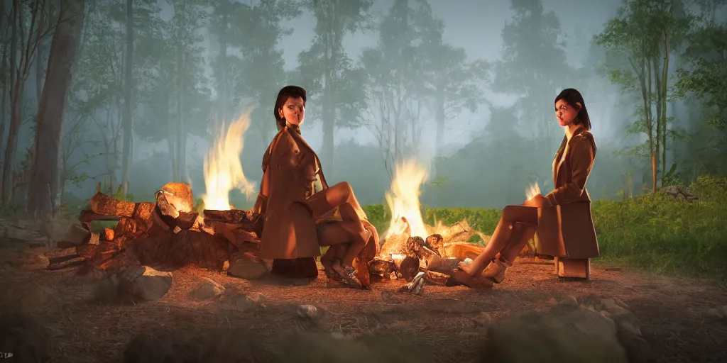 Prompt: A Z-brush octane render of a girl with short black hair and green eyes in a tan trenchcoat sitting on a log and drinking tea by the campfire by her motorcycle at night under the stars, elegant scene, beautiful landscape in the background, wide angle, cinematic lighting, atmospheric, ultrarealistic, trending on artstation, cgsociety, highly detailed, color graded, in the style of craig mullins, rendered in Unreal Engine 4k HQ, horizon forbidden west