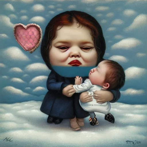 Image similar to there's an infant clinging to his overweight mother in the cold as they go to shop for cigarettes, lowbrow painting by mark ryden