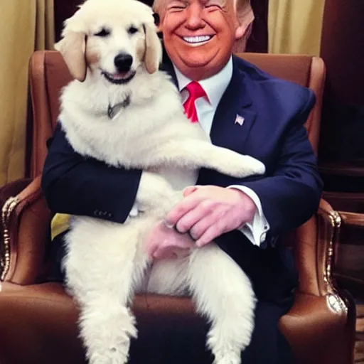 Image similar to donald trump smiling with a dog on his lap