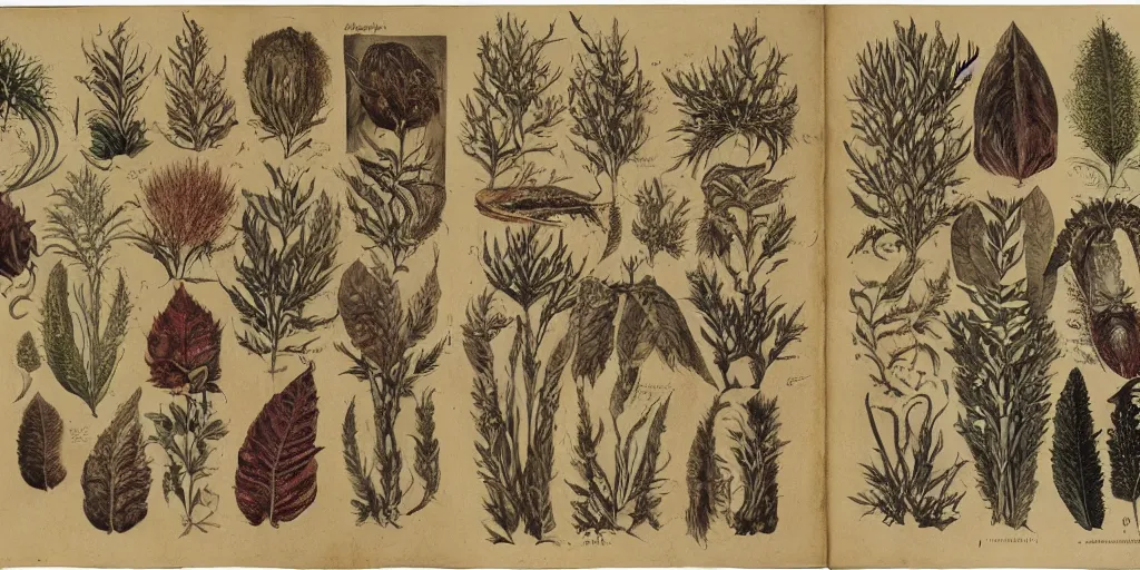 Image similar to high resolution scan of the pages of an old and alien herbarium, by john howe