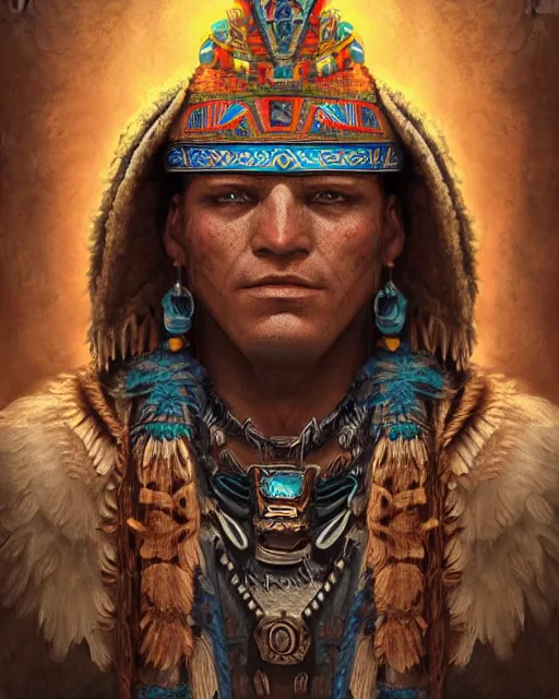 Prompt: digital painting of an aztec shaman by filipe pagliuso and justin gerard, symmetric, fantasy, detailed, intricate, portrait, sharp focus, tarot card, handsome, gwent