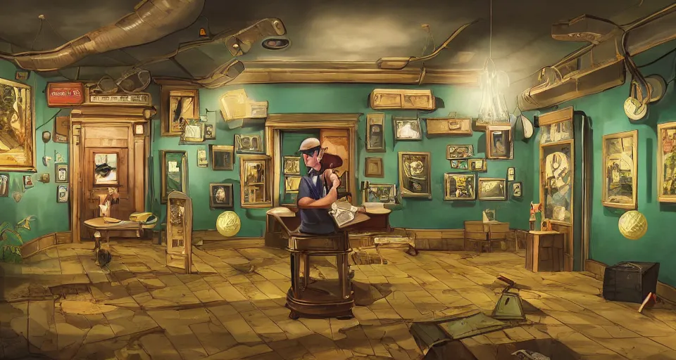 Image similar to A beautiful artwork illustration, a videogame level in a small golf-themed museum escape room with a golf ball who is a detective, featured on artstation, wide angle, horizontal orientation