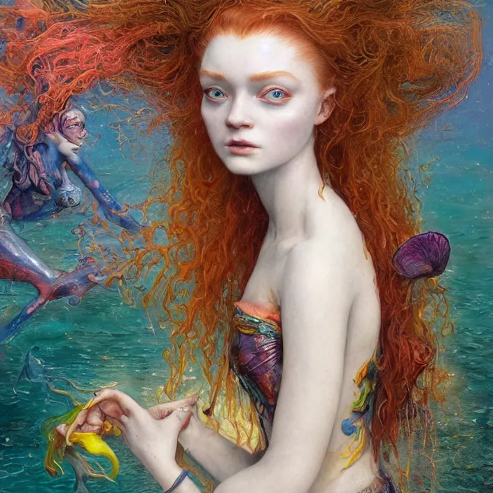 Image similar to a fashion editorial of sadie sink as a brightly colored mermaid alien hybrid with wet mutated skin. wearing an growing organic catsuit. by tom bagshaw, donato giancola, hans holbein, walton ford, gaston bussiere, brian froud, peter mohrbacher and magali villeneuve. 8 k, cgsociety