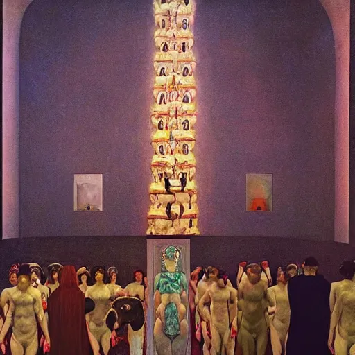 Image similar to a procession of animals in a giant temple, hyperrealistic film still by gottfried helnwein, by klimt, by paolo uccello, art nouveau, highly detailed, lights by edward hopper, liminal, eerie, metaphysical, bright pastel colors,