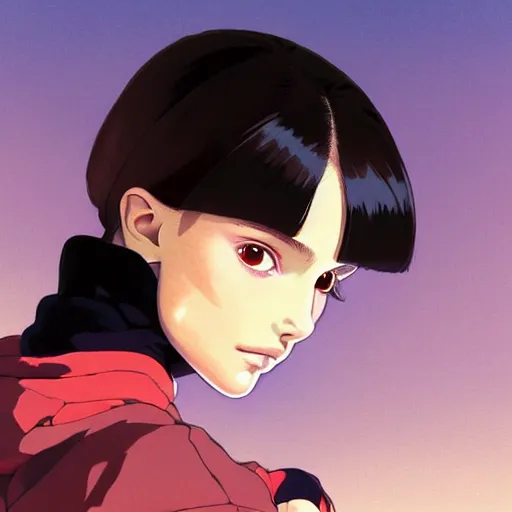 Image similar to a beautiful! boyish! natalie portman alluring gravure! model, wearing oversized mayan bomber jacket and leotard with overalls, bulky poofy bomber jacket with mayan patterns, gapmoe yandere grimdark, trending on pixiv fanbox, painted by greg rutkowski makoto shinkai takashi takeuchi studio ghibli, akihiko yoshida