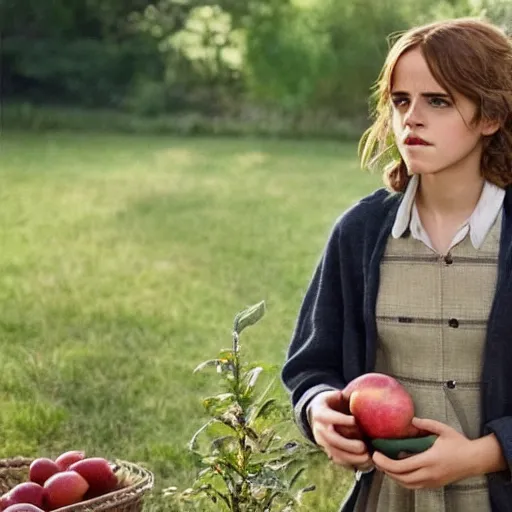 Image similar to Still of Emma Watson as Hermione Granger pinching apples from the neighbors garden. Prisoner of Azkaban. During golden hour. Extremely detailed. Beautiful. 4K. Award winning.