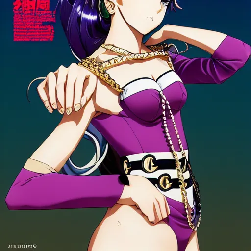 Image similar to Magazine Cover Anime key visual of a Gucci girl; official media; typography; drawn by Hirohiko Araki; Jojo's Bizarre Adventure; Jojolion, portrait, made by Stanley Artgerm Lau, WLOP, Rossdraws, James Jean, Andrei Riabovitchev, Marc Simonetti, Yoshitaka Amano, ArtStation