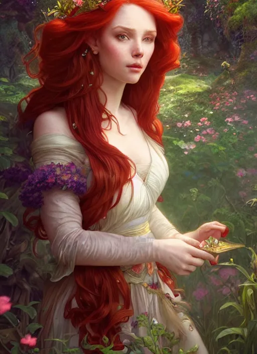 Image similar to a beautiful red haired woman as a fairy princess in a garden, deep focus, d & d, fantasy, intricate, elegant, highly detailed, digital painting, artstation, concept art, matte, sharp focus, illustration, hearthstone, art by artgerm and greg rutkowski and alphonse mucha