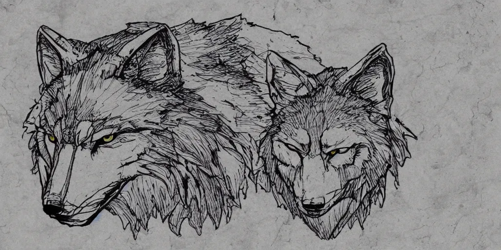 Prompt: face of a wolf in the style of a medieval fantasy map, mountains, forests. Skyrim, Lord of the Rings map, Zelda Breath of the Wild map, drawing on parchment