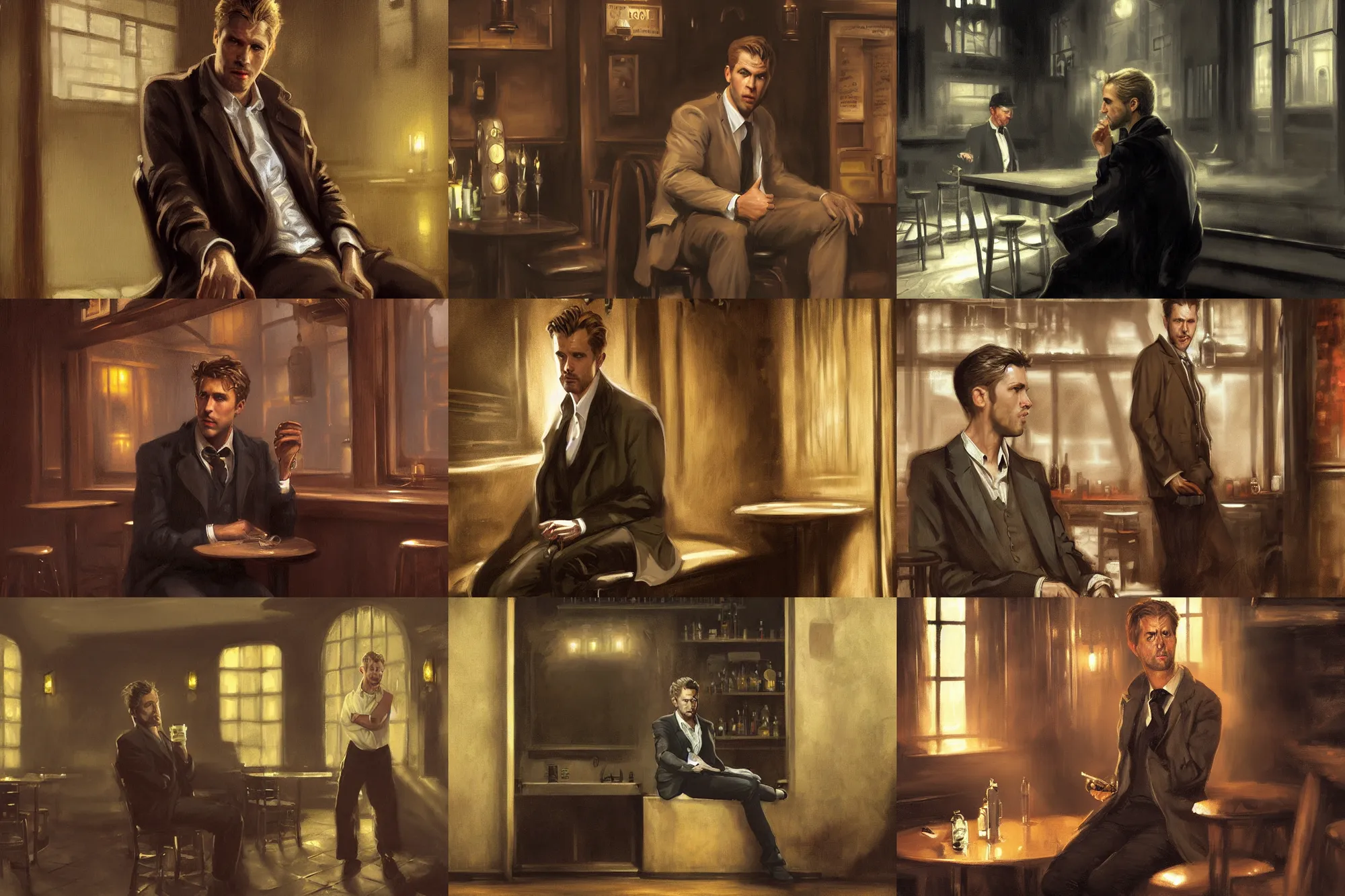 Prompt: matte painting character illustration of john constantine sitting down in a shadowed corner of the room at a dive bar in london, digital painting, illustration, john singer sargent, gothic, amazing values, 8 k, symmetrical face details, realistic face details, realistically rendered face, realistic eyes, moody lighting, j. c. leyendecker