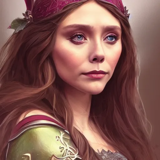 Image similar to Elizabeth Olsen as a elf archer, cute, fantasy, intricate, elegant, highly detailed, centered, digital painting, artstation, concept art, smooth, sharp focus, illustration, art by artgerm and H R Giger and alphonse mucha