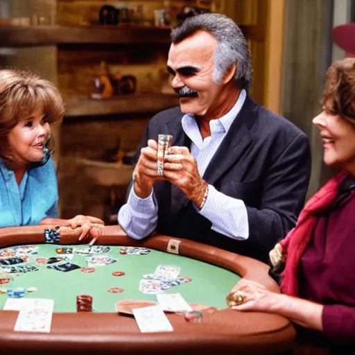 Prompt: Sally Fields and Burt Reynolds playing poker at the green room