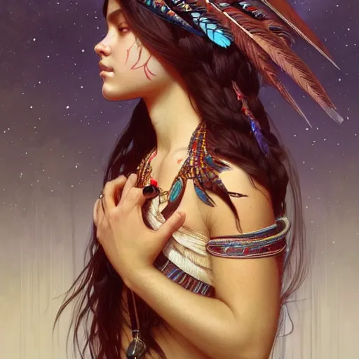 Prompt: a beautiful indigenous girl, fantasy, intricate, elegant, highly detailed, digital painting, artstation, concept art, matte, sharp focus, illustration, art by Artgerm and Greg Rutkowski and Alphonse Mucha