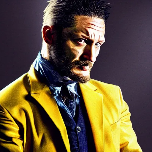 Image similar to Tom Hardy as wolverine in his yellow suit Digital art 4K quality Photorealism