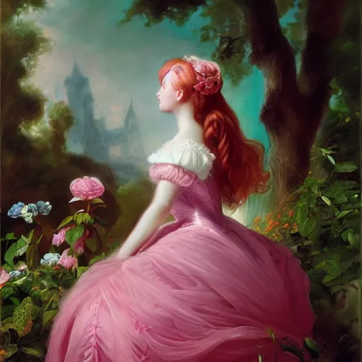 Image similar to Alice in Wonderland,a portrait of a beautiful Pink hair girl,Diamonds Blaze,Rose twining,luxuriant,dreamy, eternity, romantic,highly detailed,in the style of Franz Xaver Winterhalter, highly detailed,in the style of Aetherpunk