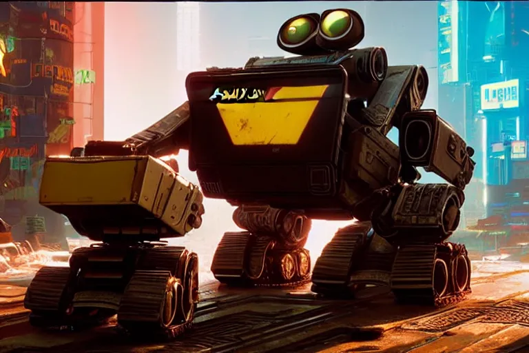 Prompt: wall - e in cyberpunk 2 0 7 7, heavy detailed, ultra high definition quality, super mario 6 4 game engine graphics