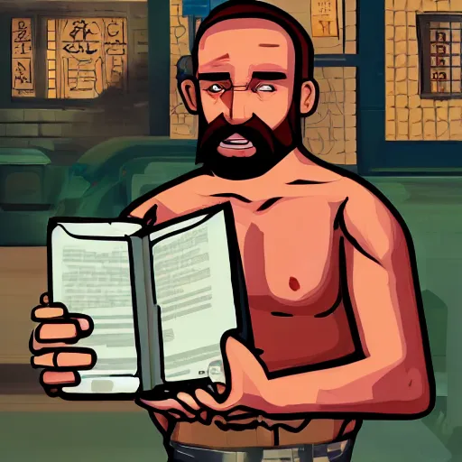 Image similar to an painting with saint homo neanderthalis with book of science on hand, gta chinatown wars art style, hyperrealistic, rgba colors, remove duplicate content, justify contents center.