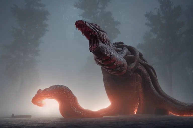 Prompt: amplified ritual engine, colossal monster snake shrouded in fog, dramatic lighting, unreal engine, cgsociety, artstation, 4k