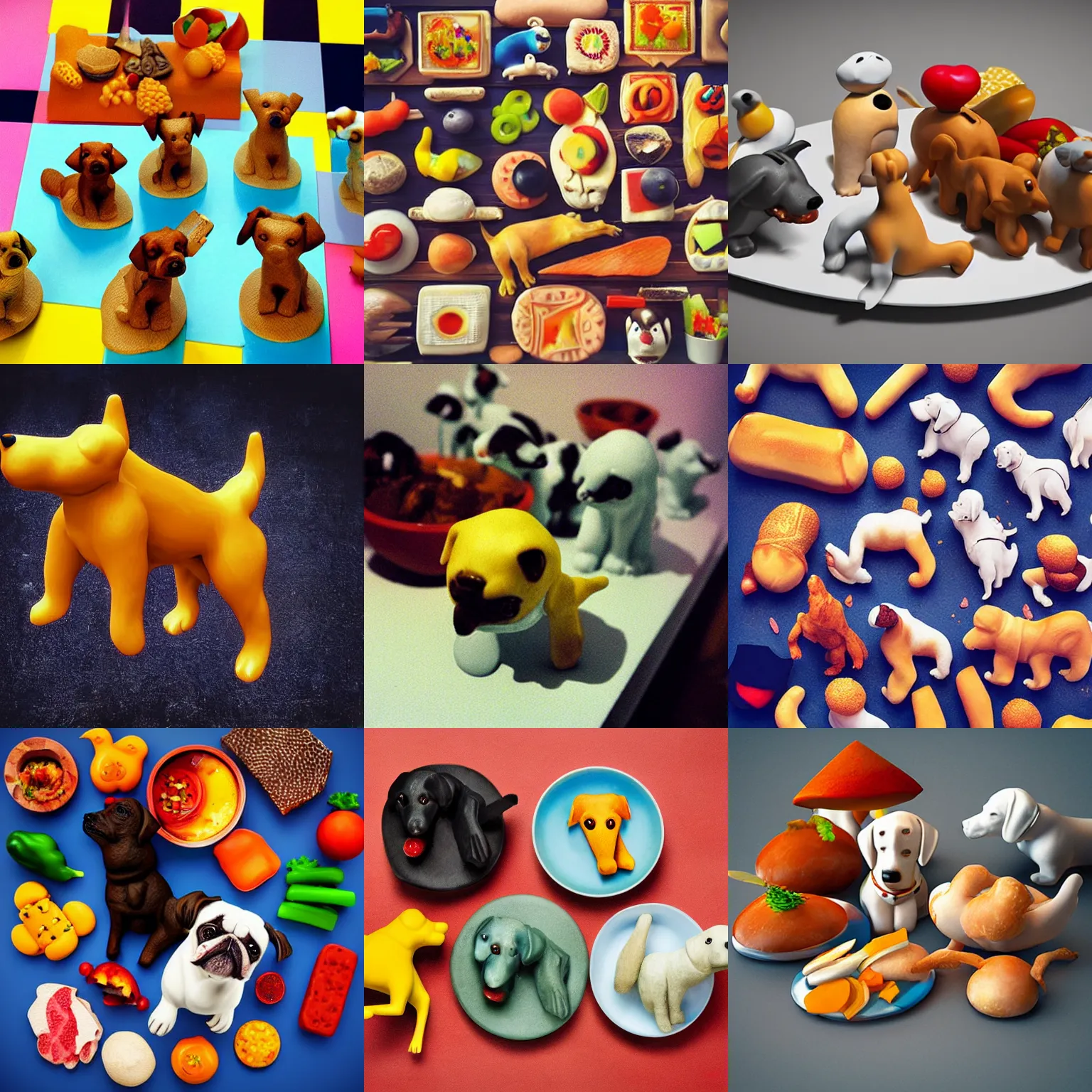 Prompt: abstract art of food over 3 d dogs figurines, lomography