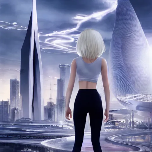 Image similar to platinum - blonde - haired bob cut blue - eyed princess wearing white leggings and black jacket, standing next to communist monument, futuristic city, anime, hd anime wallpaper, hyperrealistic lighting, octane render, volumetric lighting, drawn by artgerm