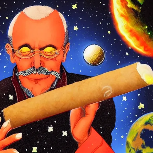 Image similar to inner worlds outer worlds spirituality multiverse man smoking cigar, cigar smoke becoming galactic