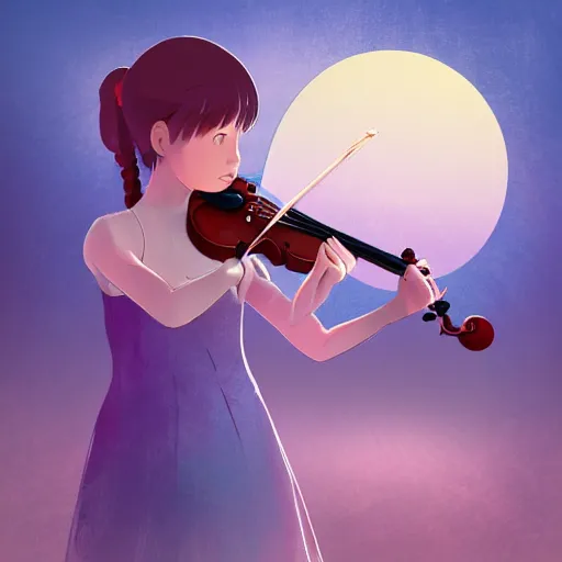 Image similar to cell shaded key visual of a young girl playing the violin in the style of studio ghibli, moebius, makoto shinkai,