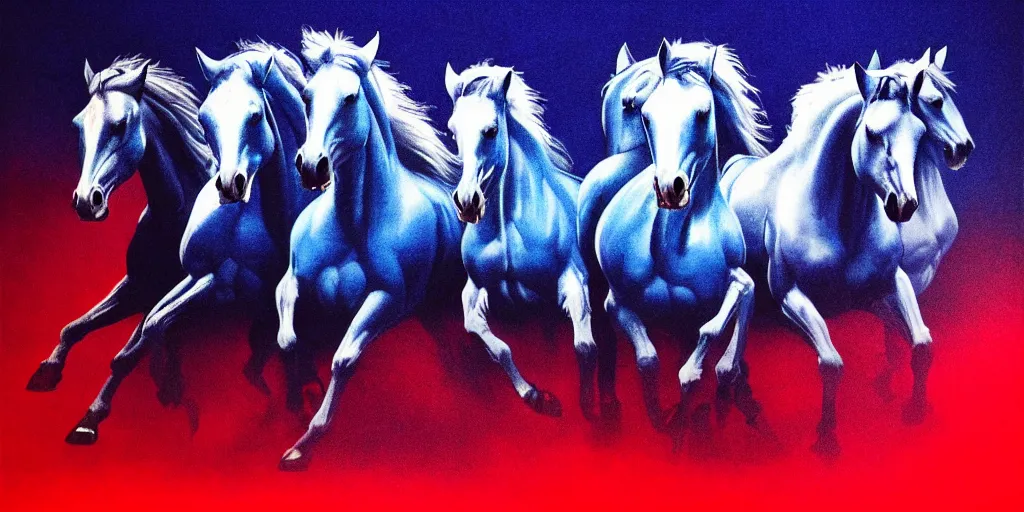 Prompt: blue inside out horses galloping with cowboys riding, too many hands in all directions, too many teeth, too many eyes, in hoc signo vinces, waterfall, in the style of gottfried helnwein, high contrast chiaroscuro, intricate composition, blue light, insanely quality, highly detailed, masterpiece, red light, artstation