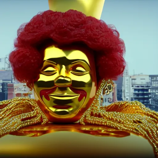 Image similar to A still of Ronald McDonald surrounded by gold and diamonds, Award-winning, photograph, 3d render, unreal engine, 4k detailed