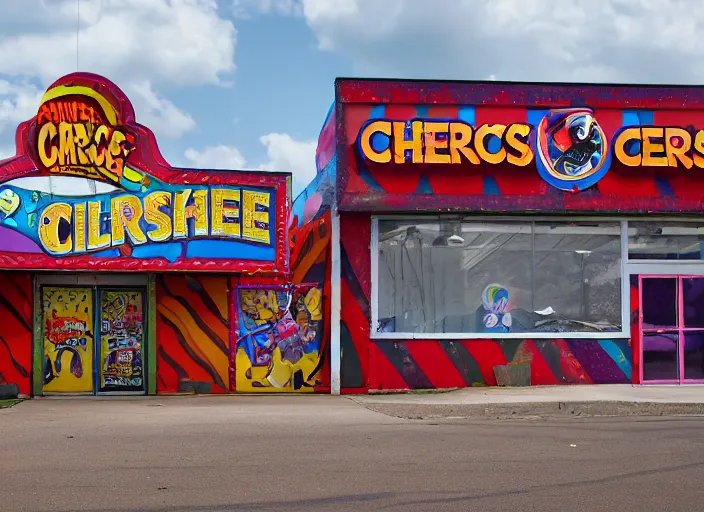 Image similar to the outside of the building for a circus themed Chuck E. Cheese’s play place. It’s permanently shut down, abandoned, Wisconsin, out of business Chuck E. Cheese building, got shut down because the mascot scared kids